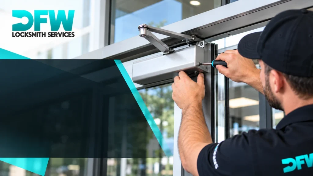 DFW Locksmith Services technician adjusting a commercial door closer on a glass entrance door in Dallas-Fort Worth, TX.