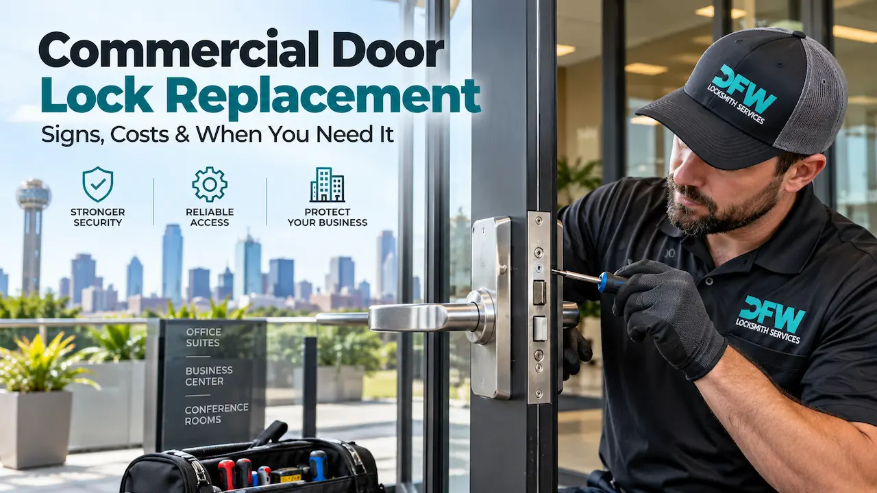Professional locksmith replacing a commercial door lock for a Dallas business