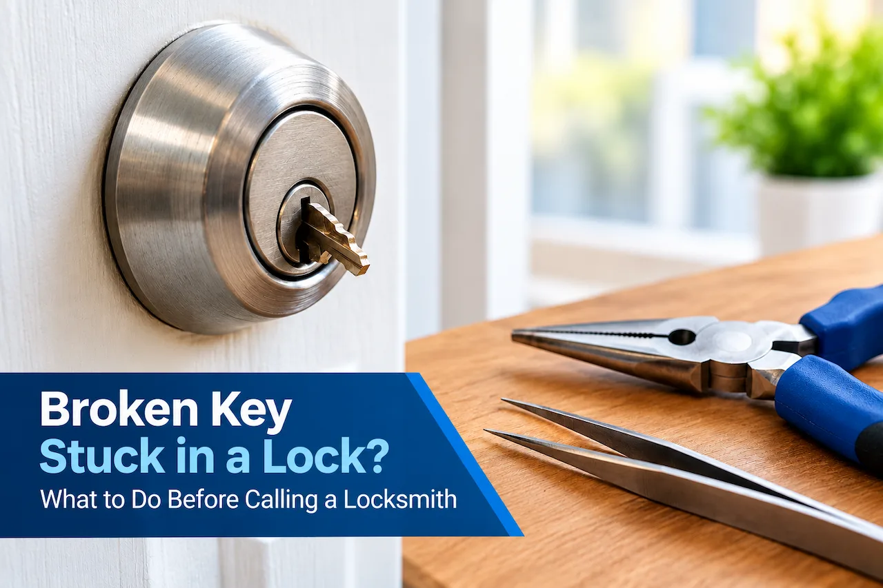 "Close-up of a broken key stuck in a door lock with locksmith tools nearby, illustrating what to do before calling a locksmith."